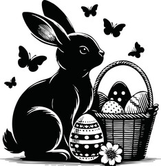 Silhouette of Easter bunny with egg basket isolated vector style on white background