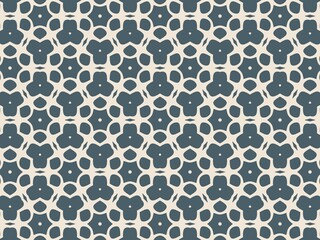 Seamless geometric pattern in teal and beige, featuring intricate floral shapes for elegant textile or wallpaper design
