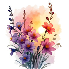 Floral Watercolor Painting Pink, Purple Flowers with Sunset Hues