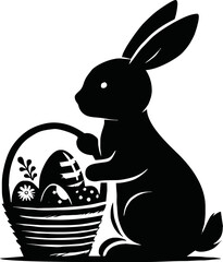 Silhouette of Easter bunny with egg basket isolated vector style on white background