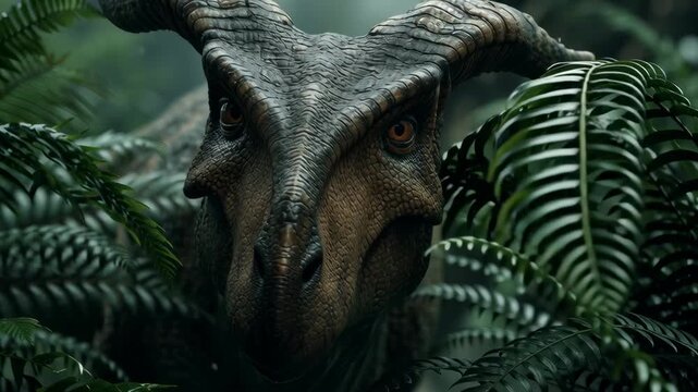 close-up, a curious Parasaurolophus peeking through dense jungle foliage, its unique cranial crest highly detailed, soft, diffused natural light, shallow depth of field, authentic expression