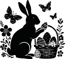 Silhouette of Easter bunny with egg basket isolated vector style on white background