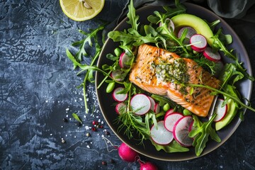 Baked salmon in herb butter accompanied by fresh avocado and radish salad