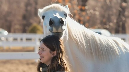 Smiling girl in helmet and woman interacting with a white horse at a sunny outdoor stable