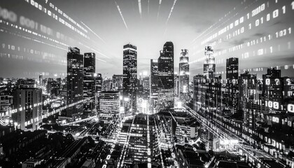 Monochrome cityscape merged with digital code and binary numbers, implying the rise of tech-driven industries"