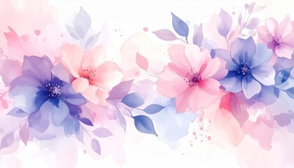 Soft pastel watercolor splashes blending into abstract floral shapes, with delicate petals and leaves in pink and lavender tones"