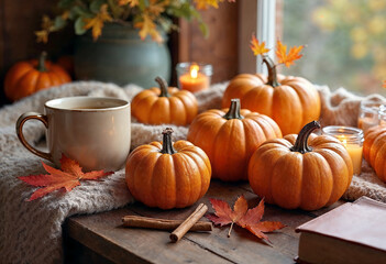 Cozy Autumn Scene with Pumpkins, Coffee Mug and Candlelight – Warm Fall Vibes by the Window