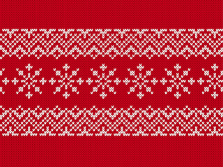 Christmas winter knit seamless print. Traditional background with snowflakes. Geometric Xmas pattern. Red knitted sweater texture. Holiday wool pullover ornament. Festive crochet. Vector illustration