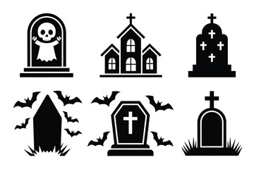 Fototapeta premium Halloween Graveyard Icons – Spooky Tombstone and Cemetery Vector Clipart Set – Scary Holiday Illustrations for Haunted Night Designs, Party Decor, and Seasonal Graphics