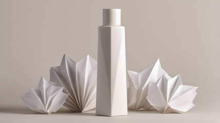White Faceted Rectangular Bottle with Origami Fan Shapes