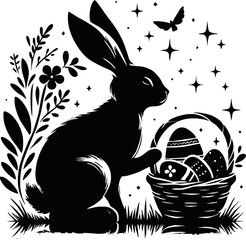 Silhouette of Easter bunny with egg basket isolated vector style on white background