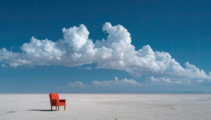 Red chair on a vast, white salt flat, beneath a dramatic sky filled with cumulus clouds