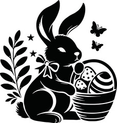 Silhouette of Easter bunny with egg basket isolated vector style on white background