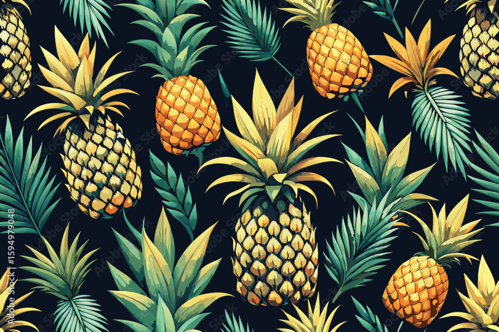 Poster seamless repeating pattern design with pineapples and a cat illustration element