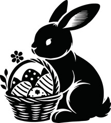Silhouette of Easter bunny with egg basket isolated vector style on white background