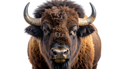 Close-up portrait of a bison's head isolated on transparent background 