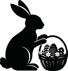 Silhouette of Easter bunny with egg basket isolated vector style on white background