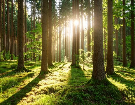 Sunlight streams through a tranquil forest with tall trees and lush green moss groundcover