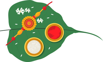 decorative raksha bandhan festival with rakhi, puja elements in leaf
