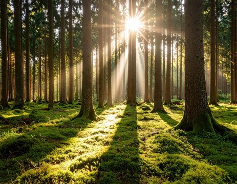 Sunlight shining through tall trees in green forest with mossy ground cover during daytime