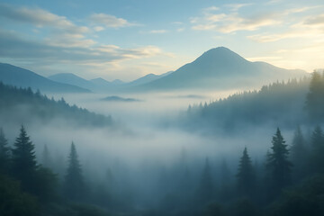 Obraz premium Soft morning light bathes a mountain valley in veils of mist, diffusing cool blue and gray tones. 