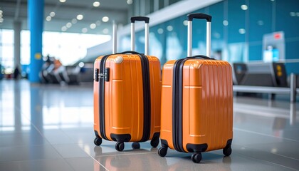 Two modern orange suitcases at airport security checkpoint with blue background, representing travel and transportation concept