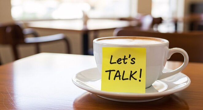 Coffee cup with a let s talk sticky note in a cafe