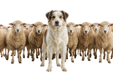 Dedicated sheepdog guarding a flock, symbolizing leadership and protection in a bright, contrasting scene.