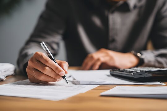 Businessman using calculator and reviewing financial documents in office