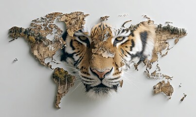 Conceptual view of a world map with a tiger head cut out on a white background for International Tiger Day. World animal concept. Stock photo.