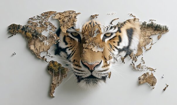 Conceptual view of a world map with a tiger head cut out on a white background for International Tiger Day. World animal concept. Stock photo.