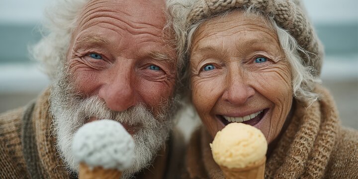 Elderly couple enjoying ice cream on a sunny day by the beach with joyful expressions
