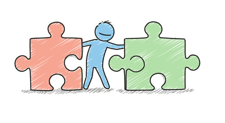 Blue stick figure connecting two puzzle pieces, one coral, one green