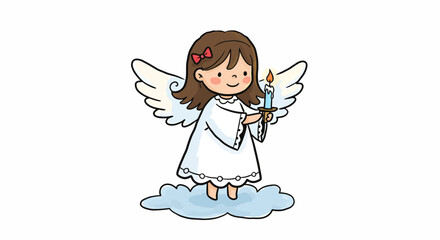 Cute cartoon angel girl with a red bow, holding a lit candle while standing on a fluffy cloud.