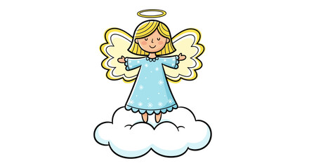 Cute cartoon angel with blonde hair, golden halo, light blue dress, standing on cloud with open arms.