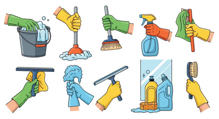 Cleaning Supplies Illustration: Gloved Hands Using Mop, Squeegee, Brush, and Cleaning Products © tere