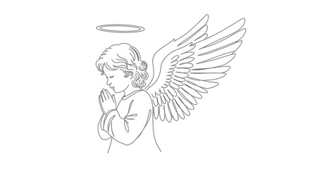 Praying Cherubic Angel with Halo and Feathered Wings, Line Art Illustration