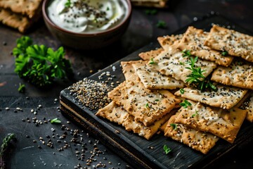 Anchovy cream with crispy seeded crackers presented as moody gourmet appetizer, professional dark food photography arrangement with exotic artistic styling.
