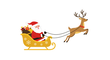 Santa Claus in Sleigh Pulled by Reindeer, Christmas Illustration