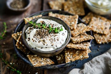 Elegant appetizer composition of seed crackers with anchovy spread, styled in dark modern food photography, exotic professional background with rustic gourmet aesthetics.