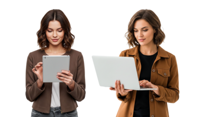 two young women with tablet and laptop on whtie