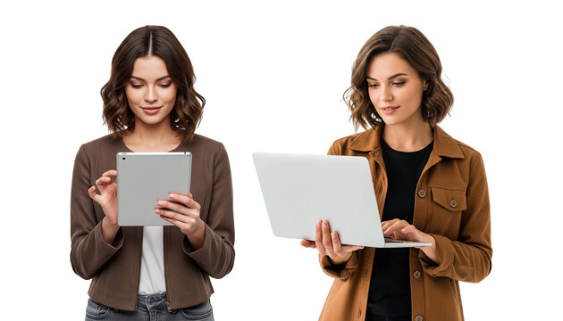 two young women with tablet and laptop on whtie