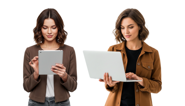 two young women with tablet and laptop on whtie