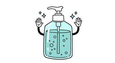 Cartoon Hand Sanitizer Bottle with Arms and Sparkling Cleanliness
