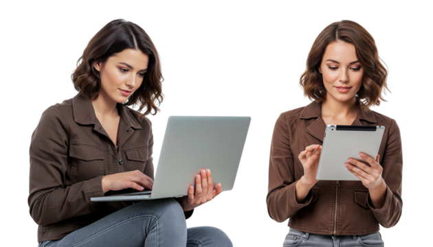 two young women with laptop on white