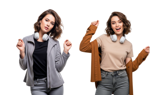 business women with thumbs up and headphone on white