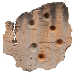 Impactful Scars: A close-up shot reveals a fragment of a weathered stone or brick surface, dramatically marked by the impact of bullet holes, hinting at stories of conflict and resilience.