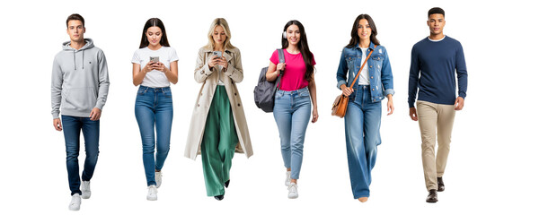 group of people walking together on white