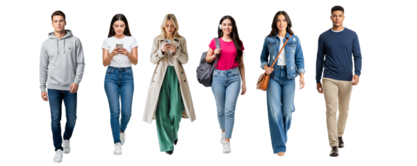 group of people walking together on white