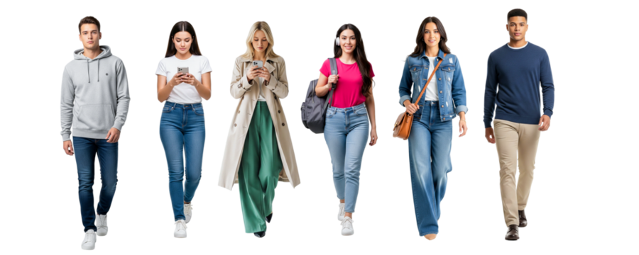 group of people walking together on white